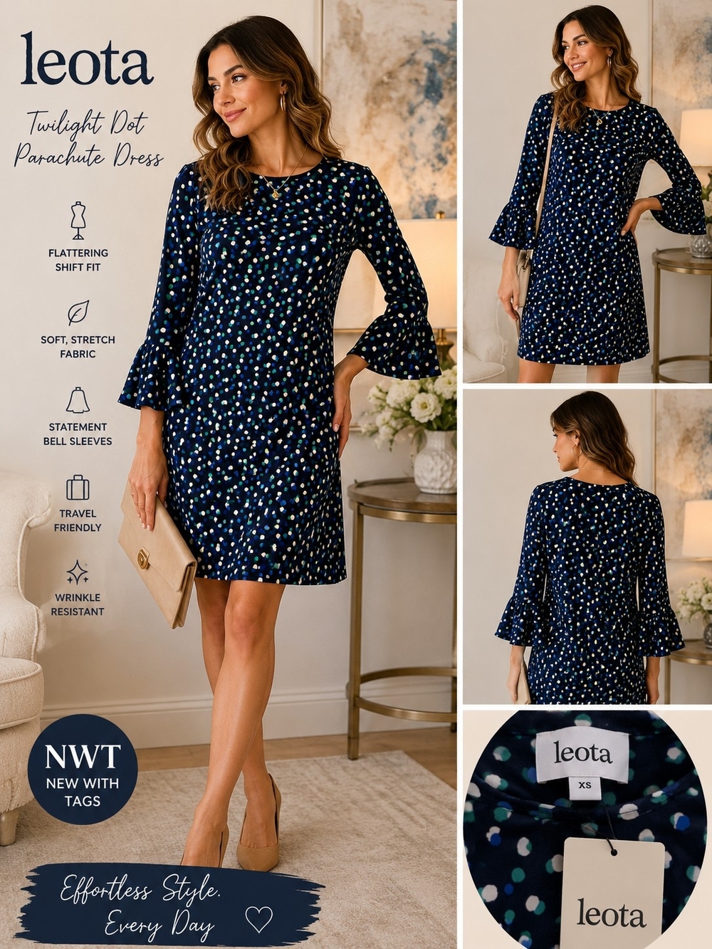 ✨ NWT Leota Twilight Dot Dress 💙 Bell Sleeve Quiet Luxury Stretch Shift XS Chic